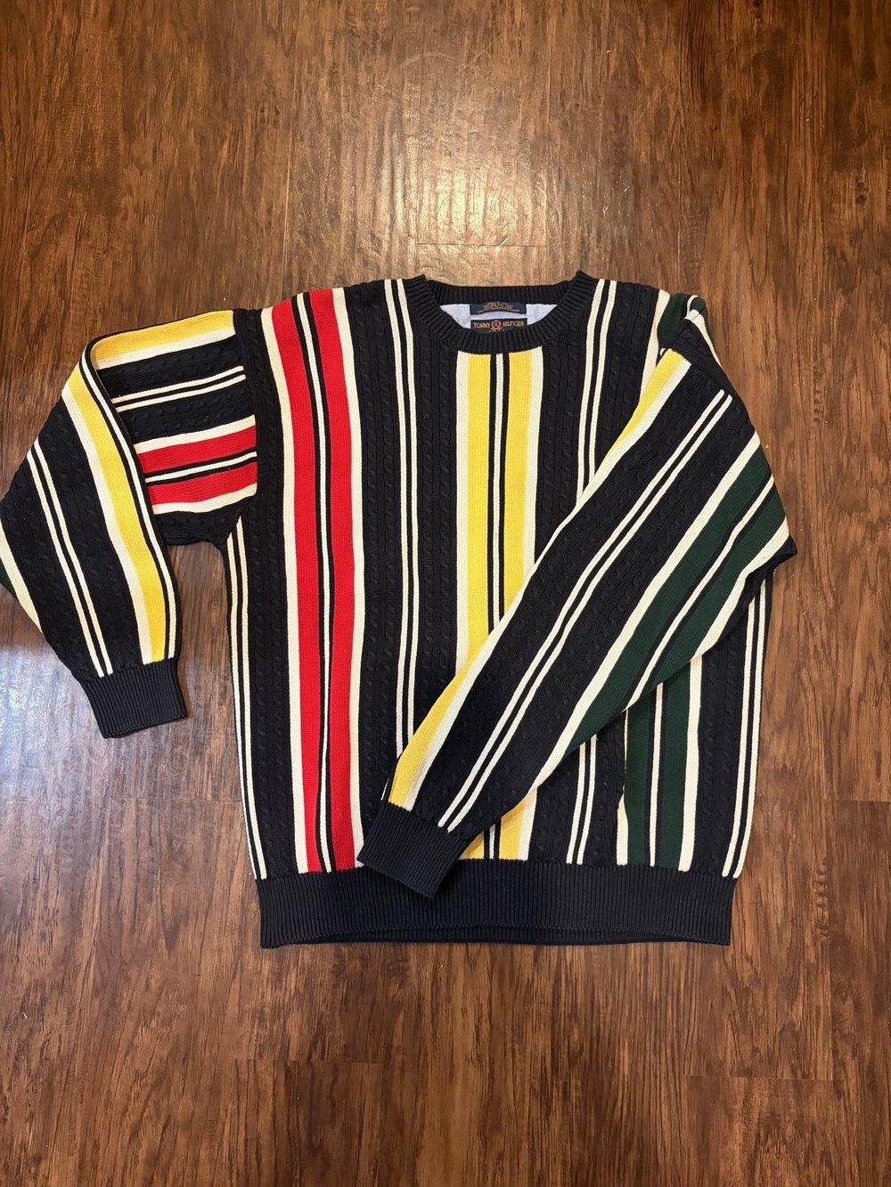 Tommy Hilfiger Black Crewneck Sweater with Red, Yellow, Green & White Stripes